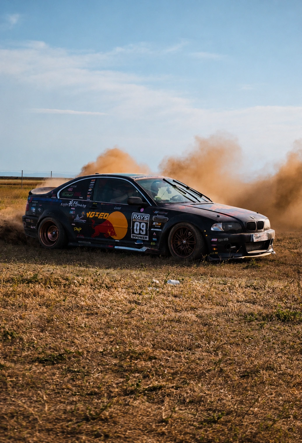 BMW de Bea Drifting visto de lado con una nube de polvo al fondo